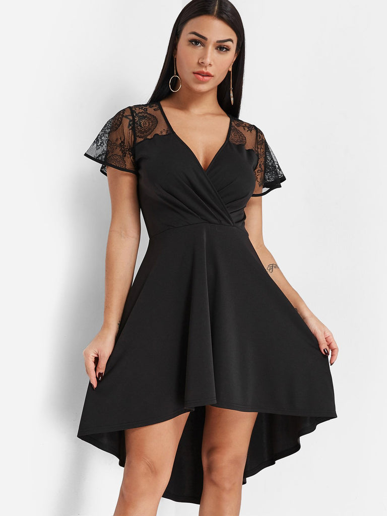 Black V-Neck Short Sleeve Lace Crossed Front High-Low Hem Sexy Dress