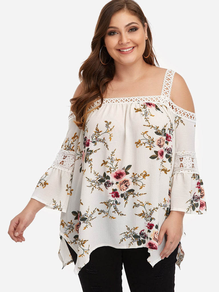 Cold Shoulder Floral Print Lace Long Sleeve Handkerchief Hem Plus Size Tops