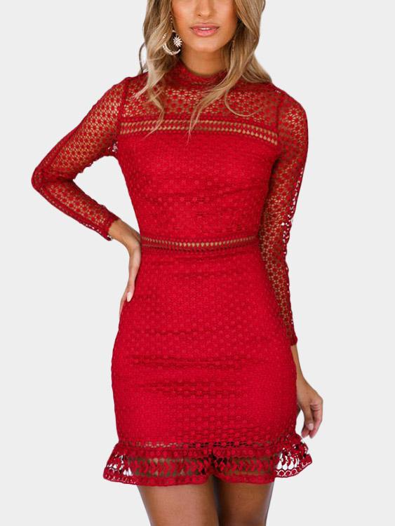 Red Long Sleeve Lace Hollow Mini Dresses