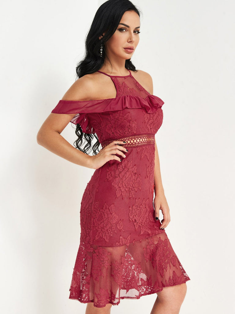 Burgundy Cold Shoulder Sleeveless Lace Hollow Sexy Dresses