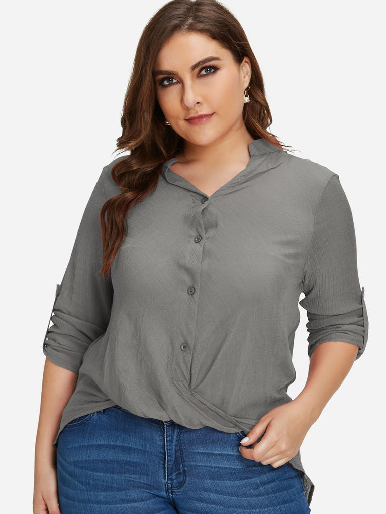 V-Neck Plain Twist Long Sleeve Grey Plus Size Tops