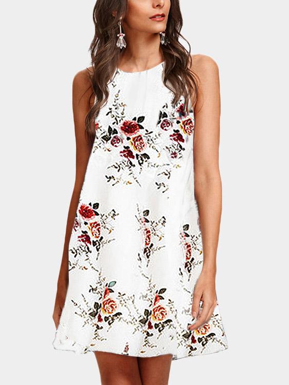 White Crew Neck Random Floral Calico Print Sleeveless Dresses