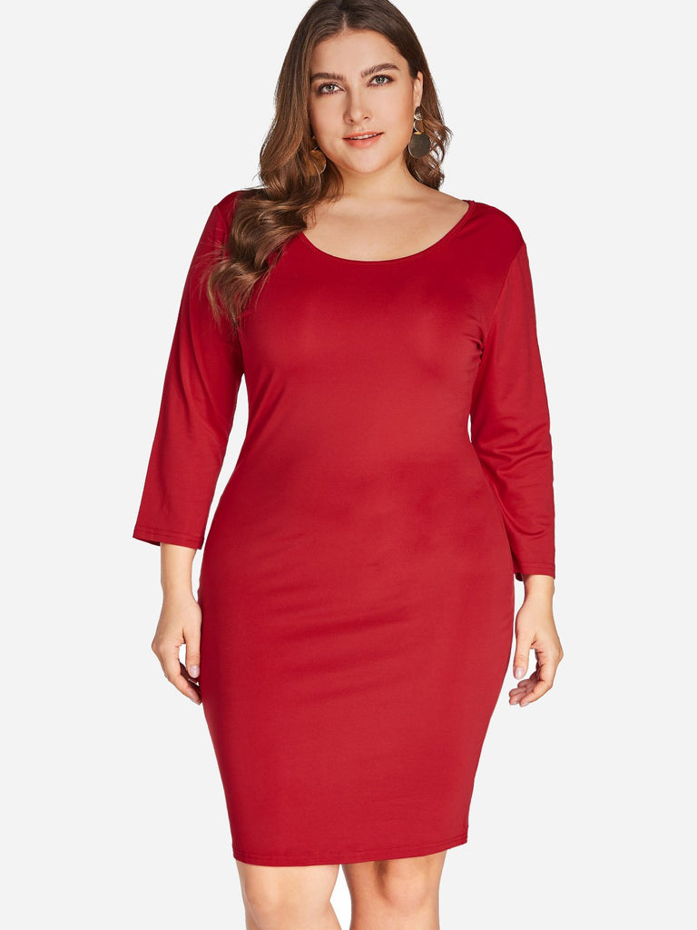 Round Neck Plain 3/4 Sleeve Bodycon Hem Red Plus Size Dress