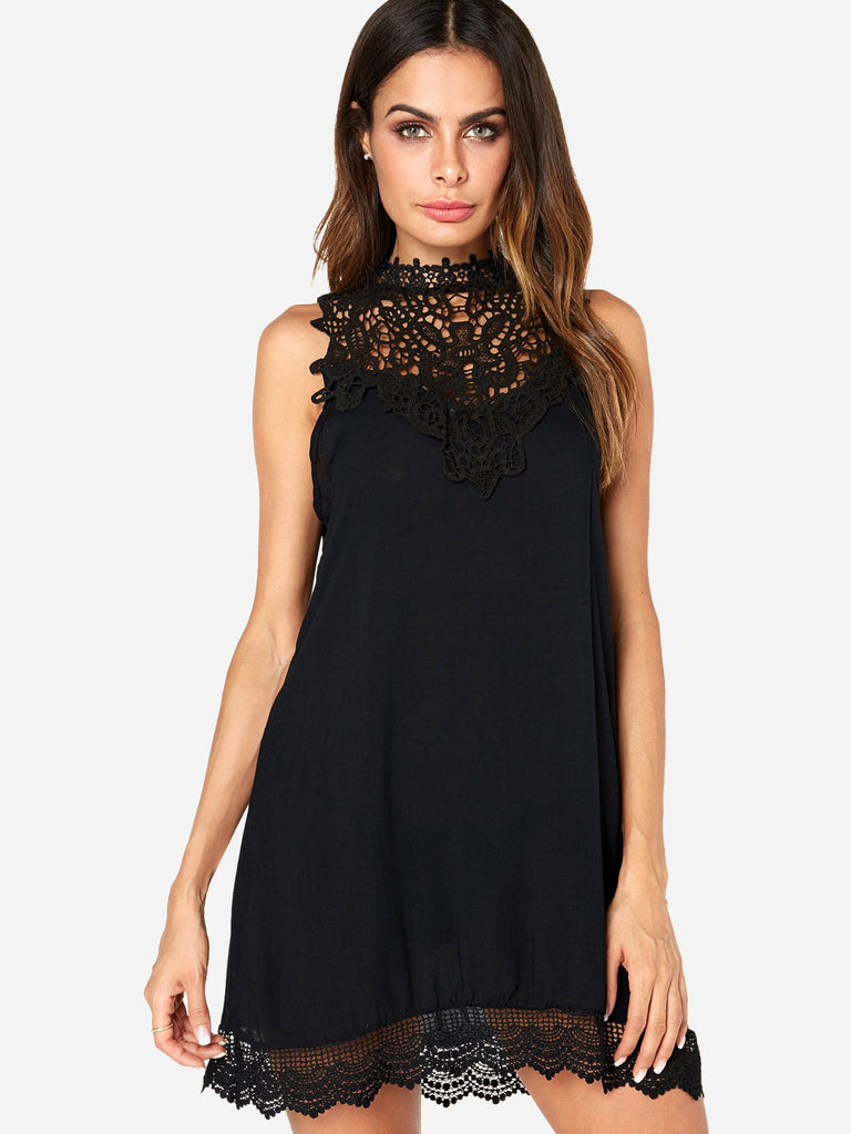 Black Sleeveless Lace Hollow See Through Casual Dress