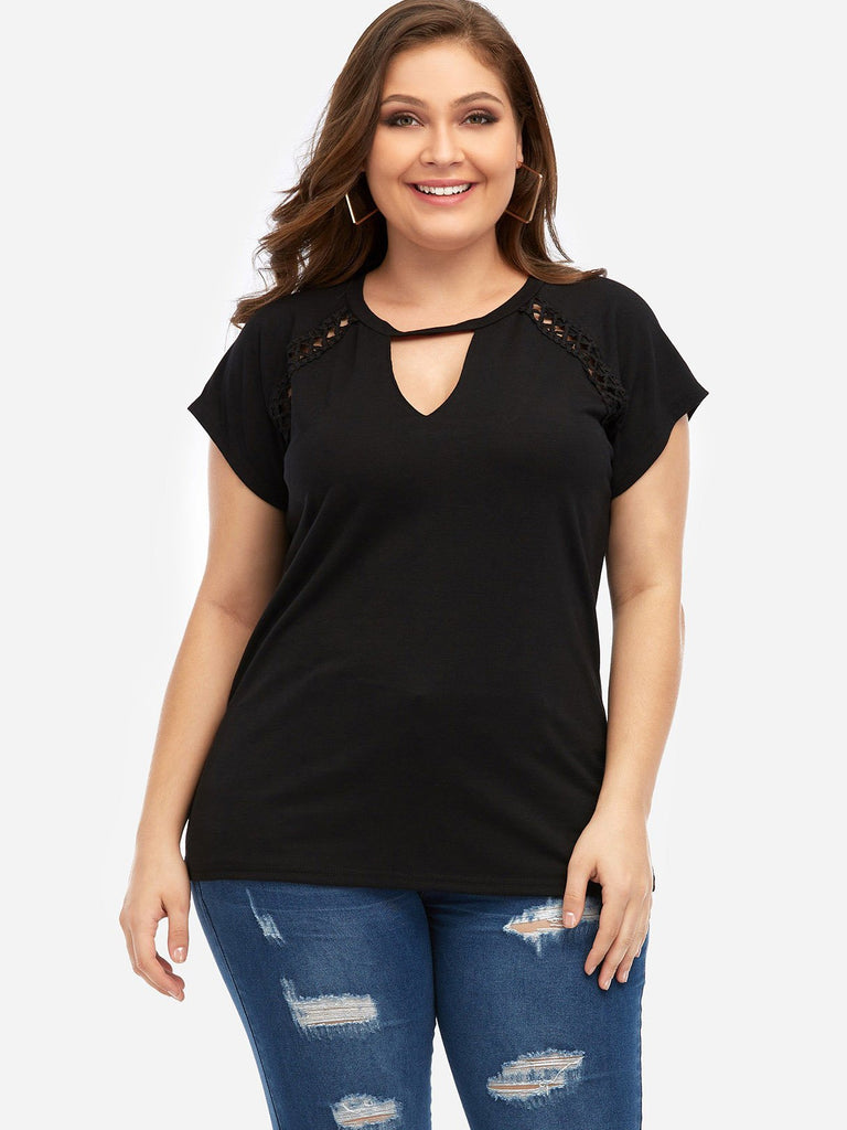 Crew Neck Plain Cut Out Short Sleeve Black Plus Size Tops