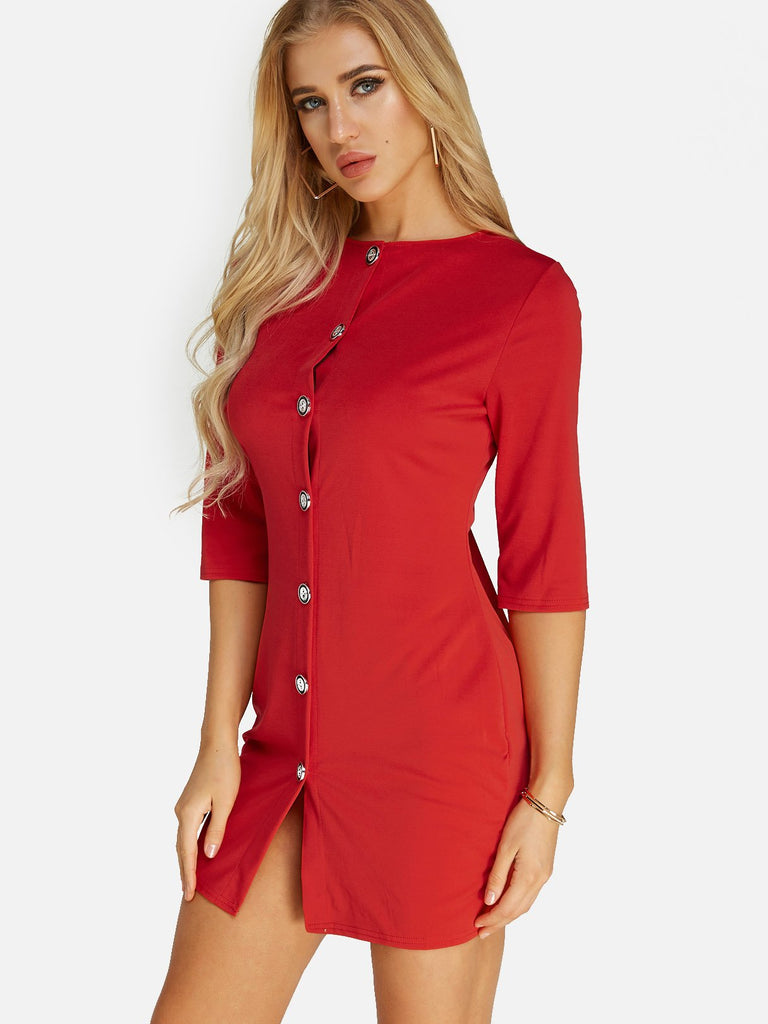 Red Round Neck Half Sleeve Plain Mini Dress