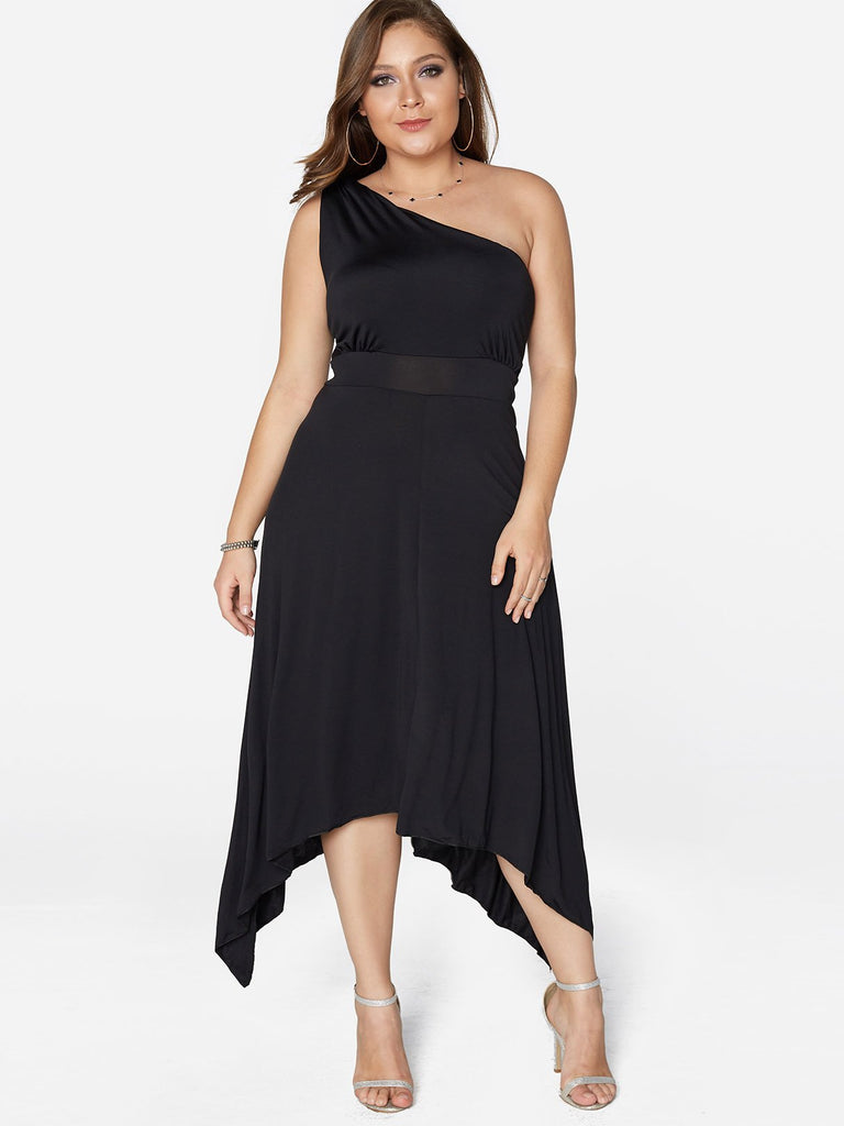 One Shoulder Plain Self-Tie Sleeveless Black Plus Size Dresses