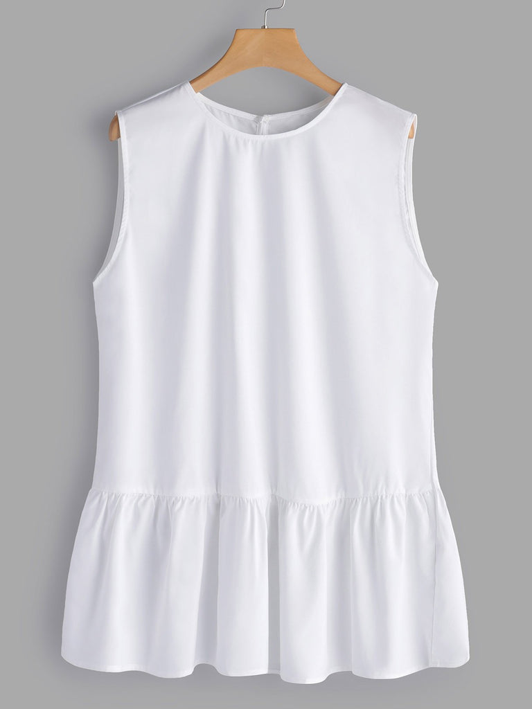 Round Neck Plain Sleeveless Flounced Hem White Plus Size Tops