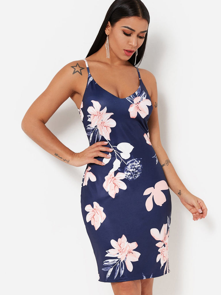 Navy Halter Sleeveless Floral Print V-Neck Backless Sexy Dresses