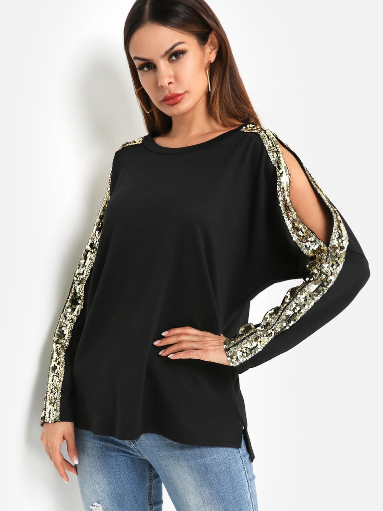 Round Neck Cut Out Sequins Embellished Glitter Long Sleeve Black Top