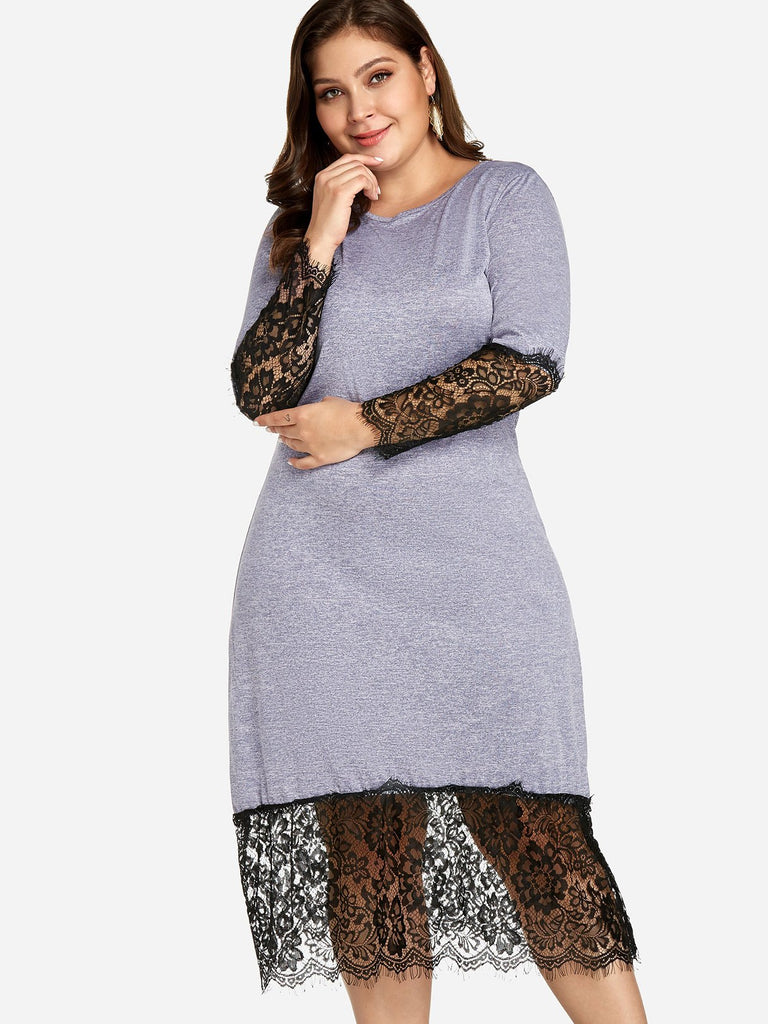 Round Neck Plain Lace Long Sleeve Grey Plus Size Dress