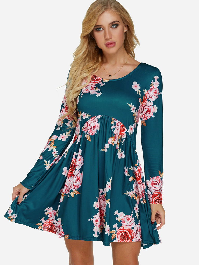 Round Neck Long Sleeve Floral Print Ruffle Hem Dresses