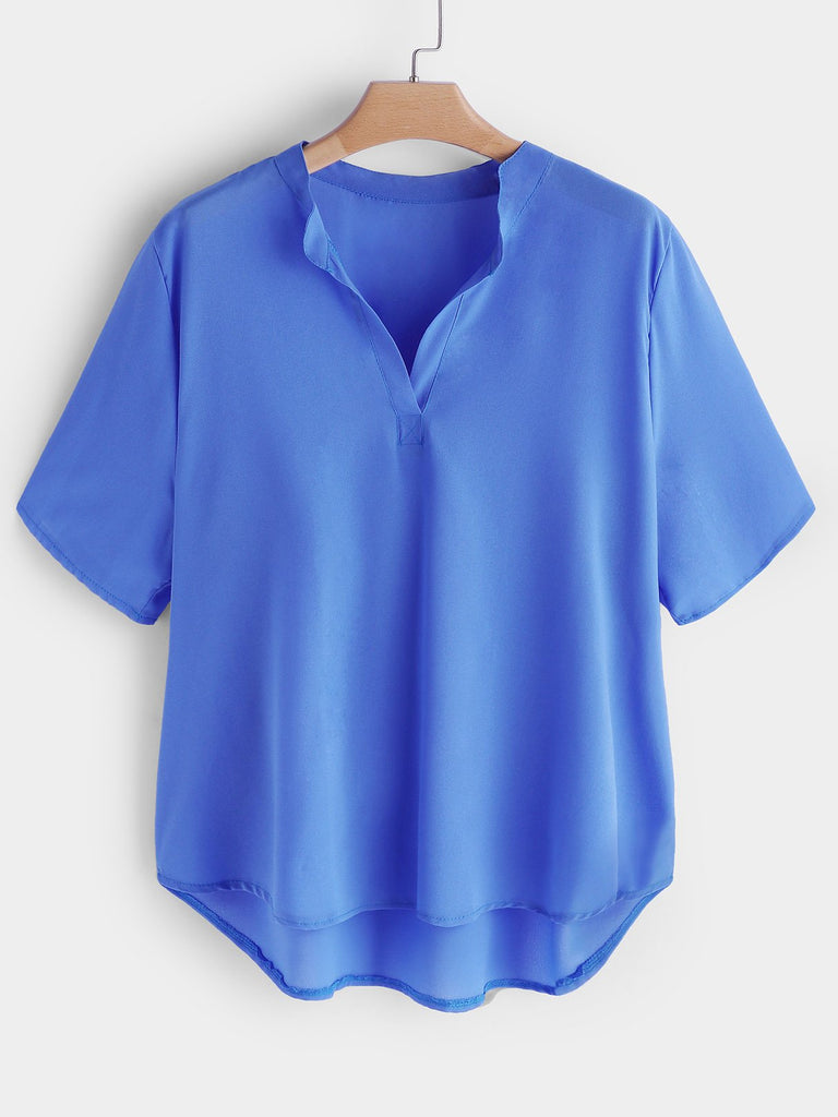 Chimney Collar Plain Short Sleeve Plus Size Tops