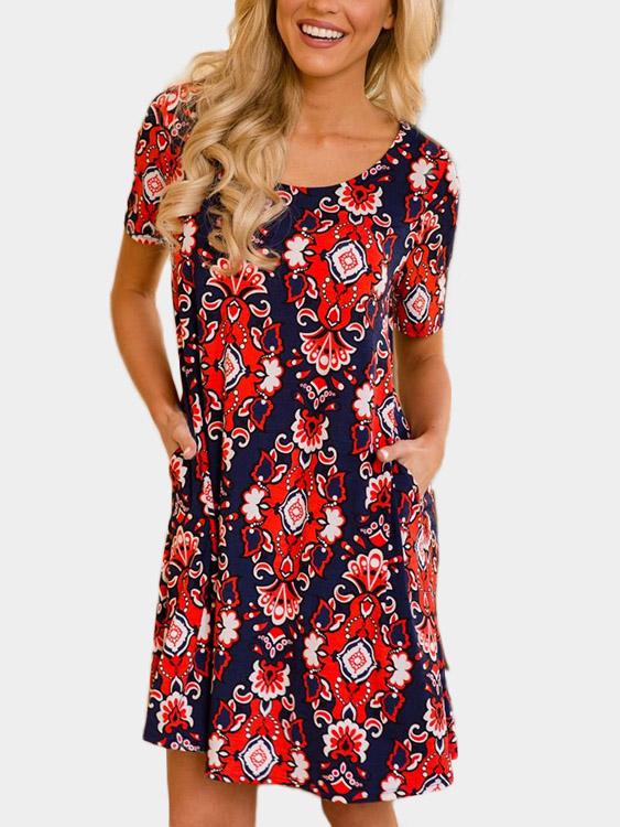 Red Round Neck Short Sleeve Dresses