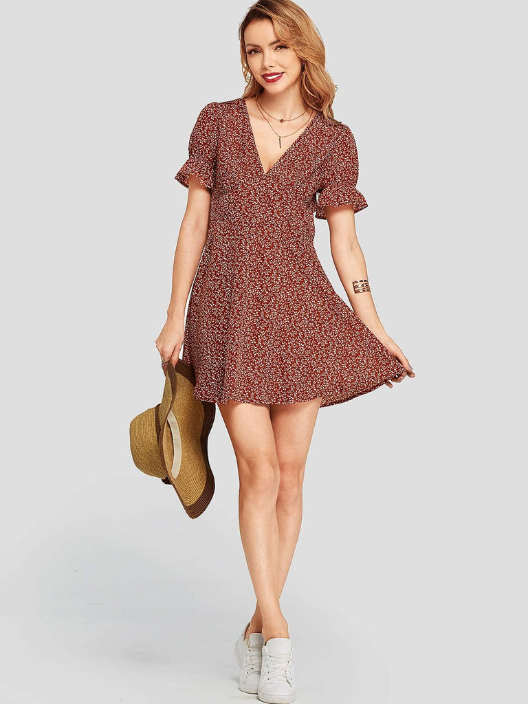 Red Deep V Neck Short Sleeve Floral Print Dresses