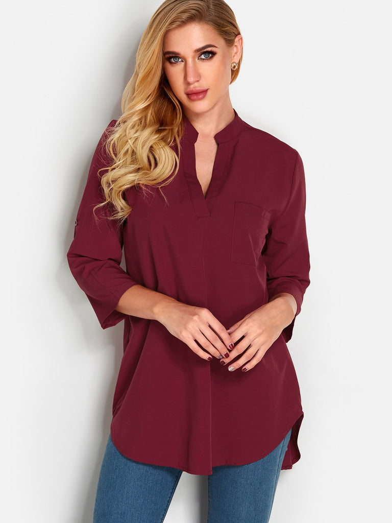 V-Neck 3/4 Sleeve Irregular Hem Burgundy T-Shirts