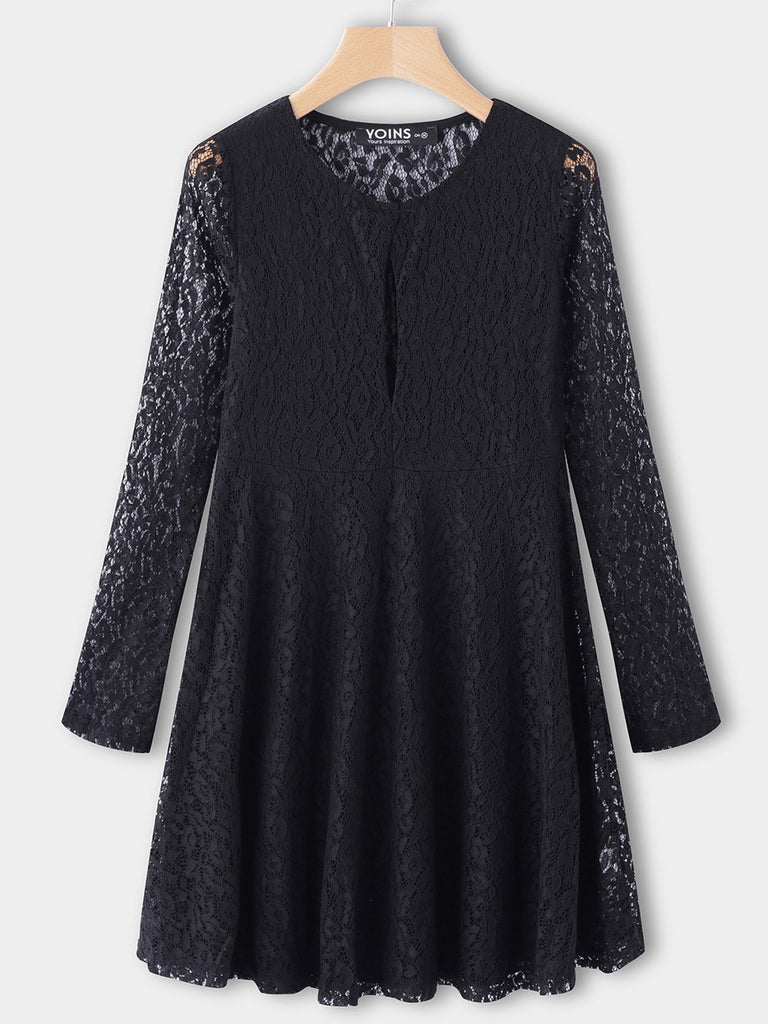 Black Round Neck Long Sleeve Crochet Lace Embellished Zip Back Hollow Cut Out Ruffle Hem Mini Dress