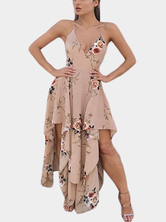 V-Neck Floral Print Backless Sleeveless Dresses