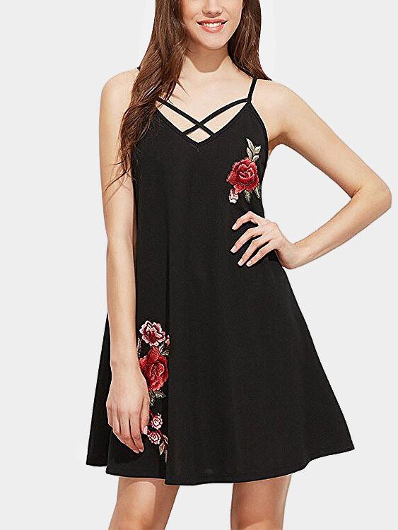 Black V-Neck Sleeveless Embroidered Casual Dresses