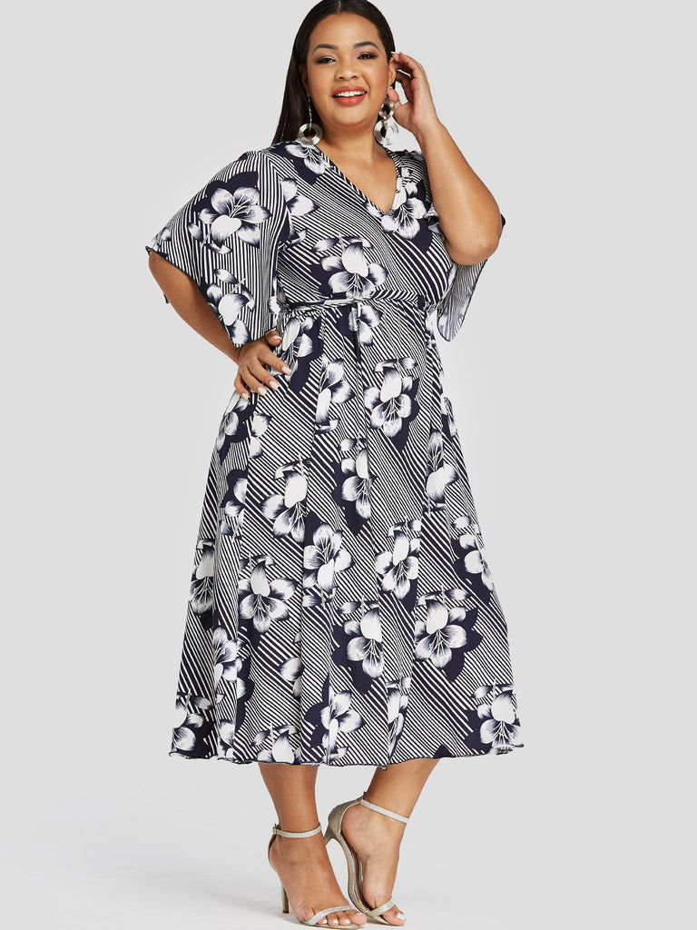 V-Neck Stripe Floral Print Half Sleeve White Plus Size Dress