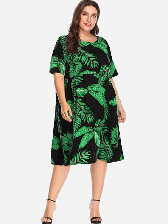 Round Neck Floral Print Half Sleeve Black Plus Size Dresses