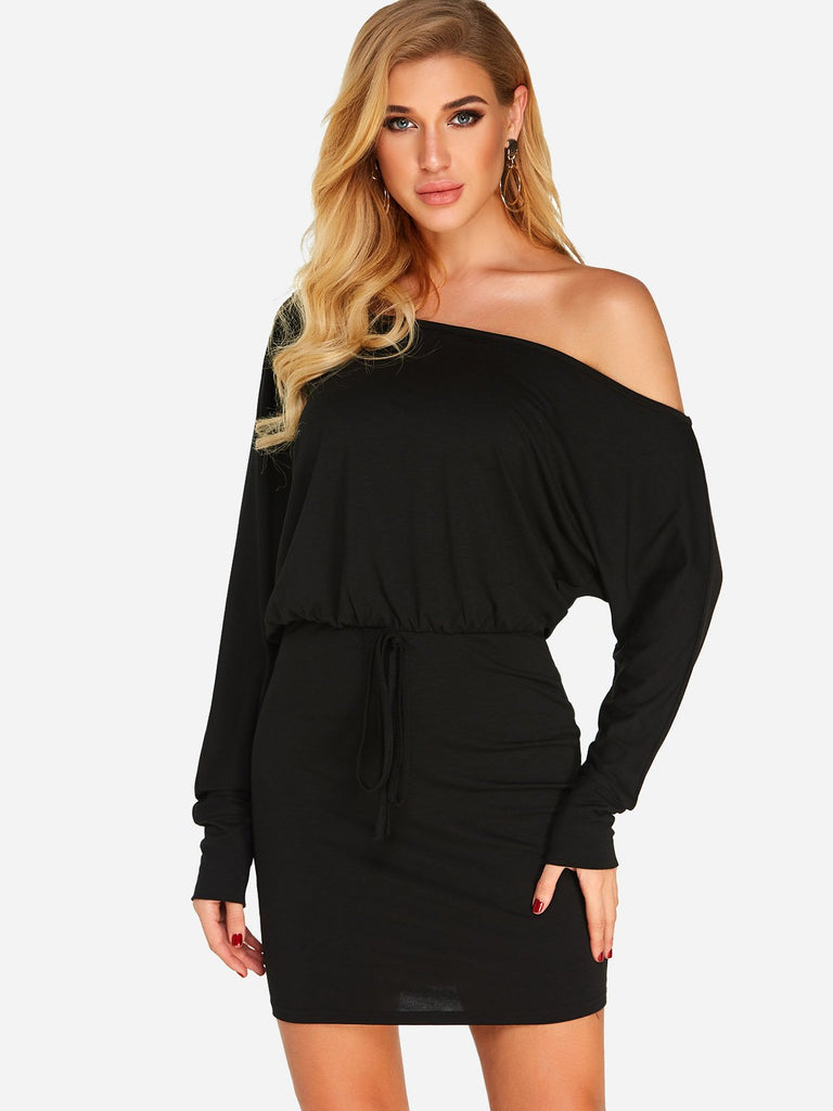 Black One Shoulder Long Sleeve Plain Mini Dresses