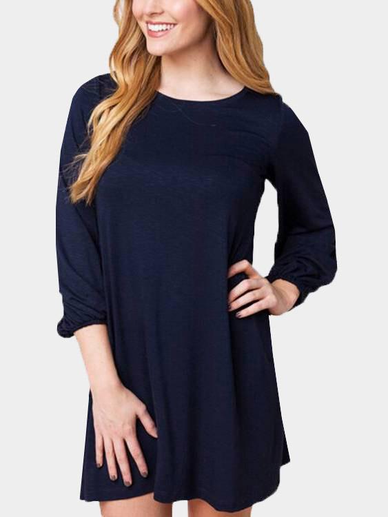 Navy Round Neck Long Sleeve Casual Dresses