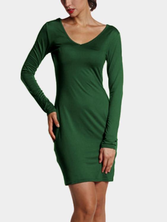 Ladies Army Green V-Neck Dresses