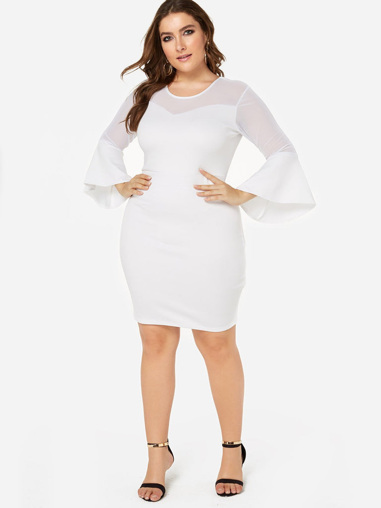 Round Neck Plain Backless Long Sleeve White Plus Size Dresses