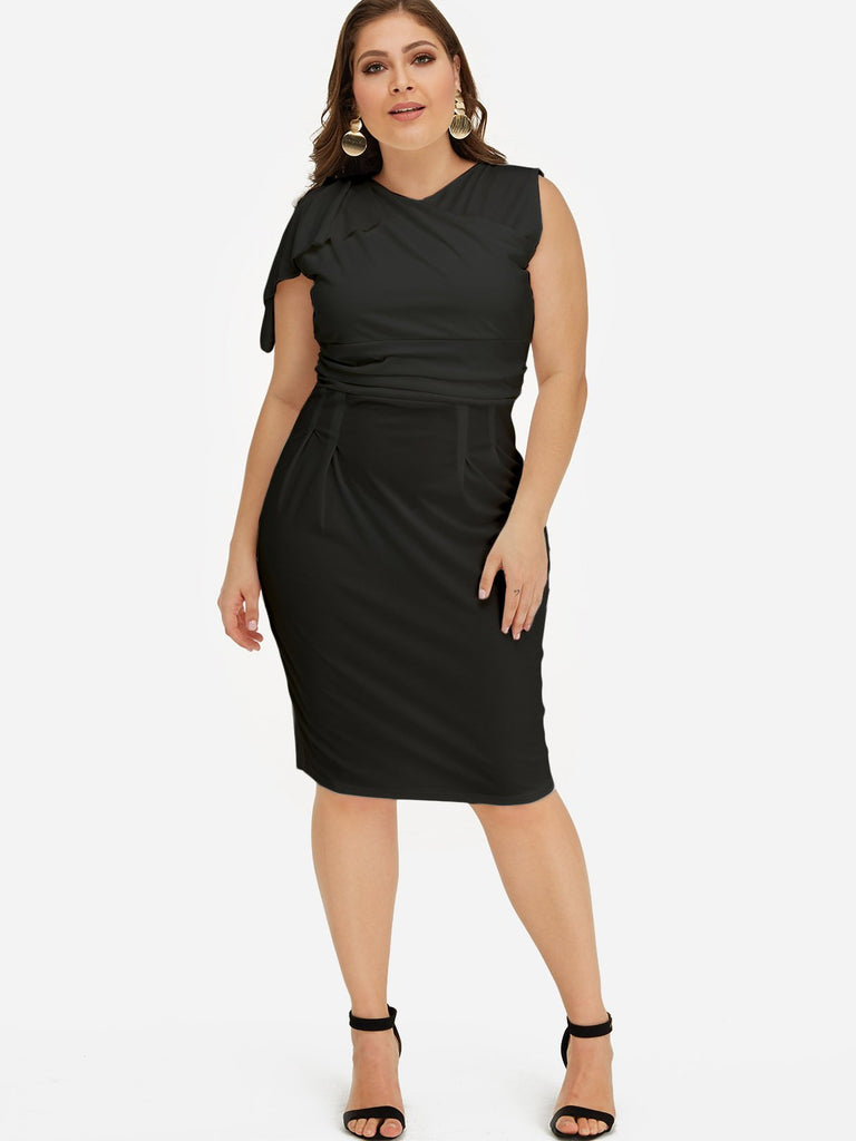 Off The Shoulder Plain Tiered Short Sleeve Flounced Hem Black Plus Size Dress