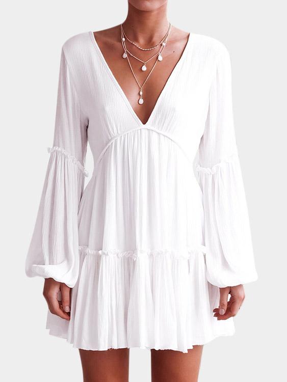 Ladies White V-Neck Dresses