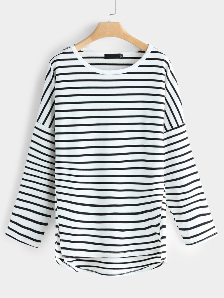 Round Neck Stripe Slit Long Sleeve Plus Size Tops