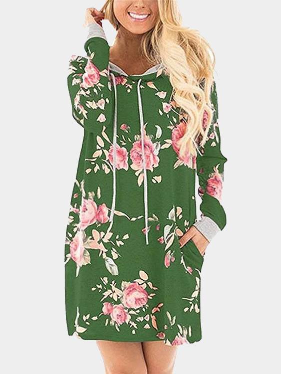 Pullover Long Sleeve Floral Print Side Pockets Hooded Mini Dresses