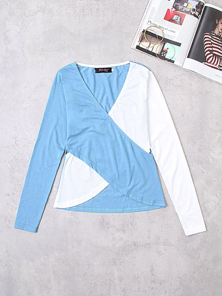 V-Neck Crossed Front Long Sleeve Slit Hem T-Shirts