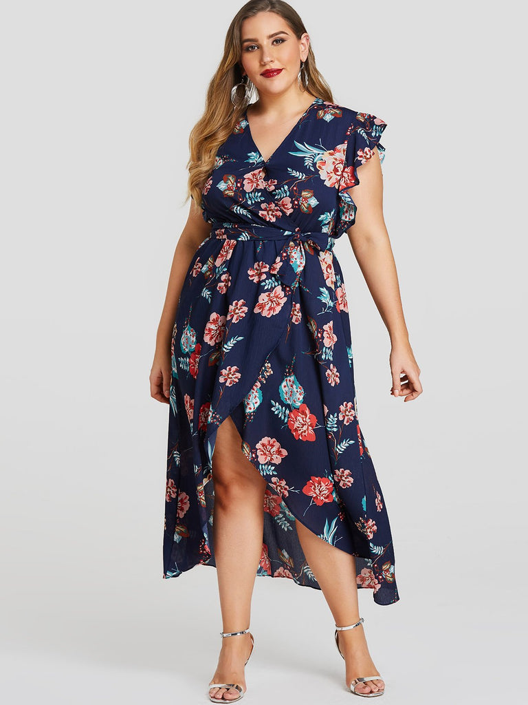 V-Neck Floral Print Self-Tie Ruffle Trim Sleeveless Navy Plus Size Dress