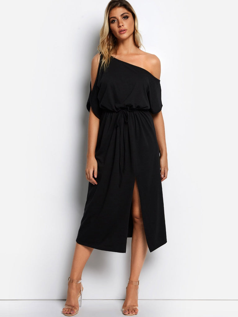 One Shoulder Half Sleeve Plain Sexy Dress