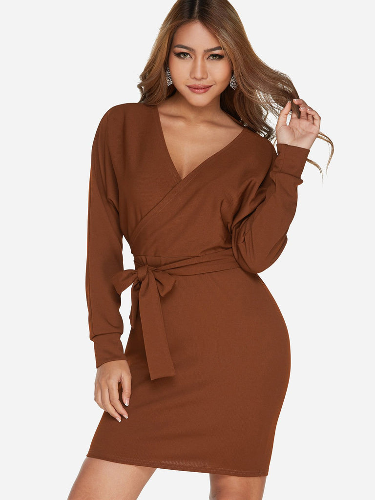 V-Neck Long Sleeve Crossed Front Self-Tie Dresses