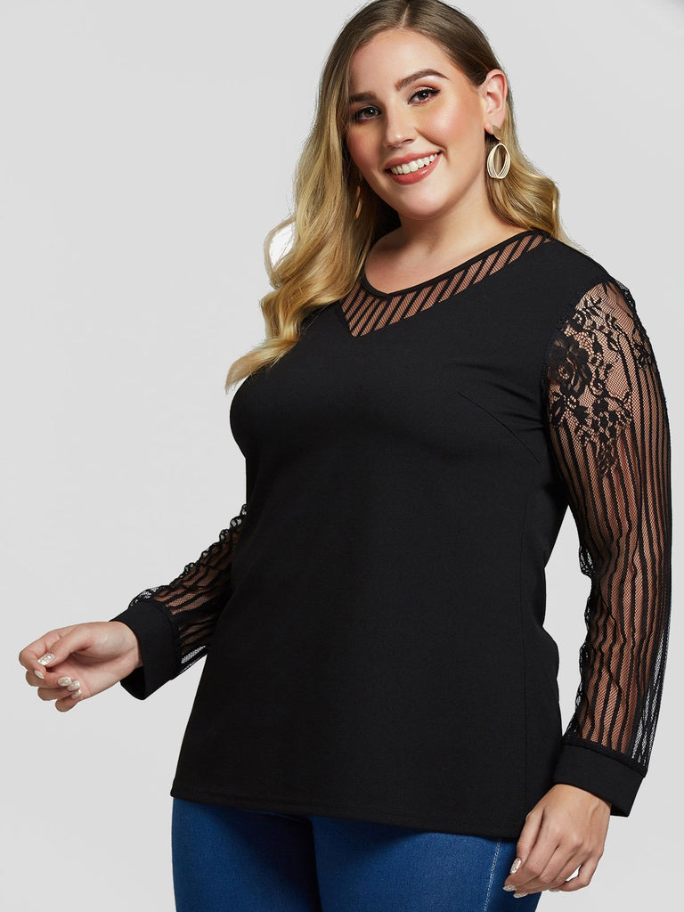 V-Neck Lace See Through Long Sleeve Black Plus Size Tops