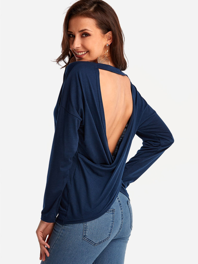 V-Neck Plain Backless Long Sleeve Navy T-Shirts