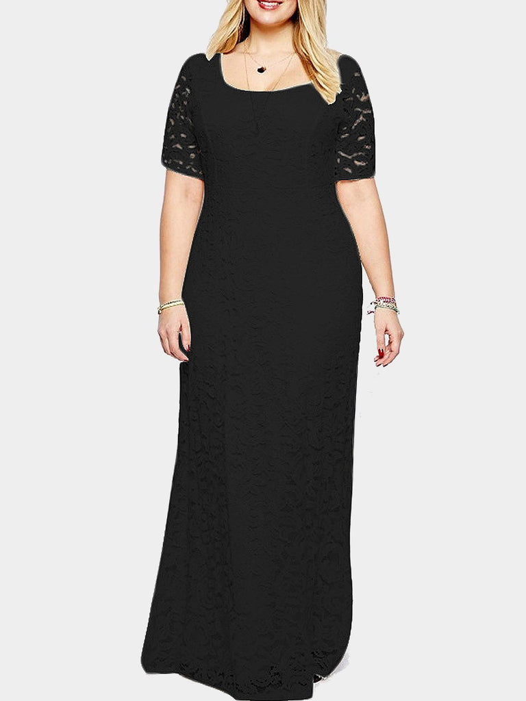 Round Neck Floral Print Lace Black Plus Size Maxi Dress