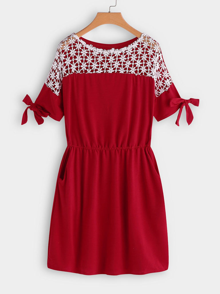 Round Neck Short Sleeve Lace Red Casual Dresses