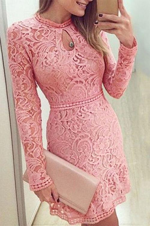 Pink Crew Neck Long Sleeve Lace Zip Back Cut Out Sexy Dresses