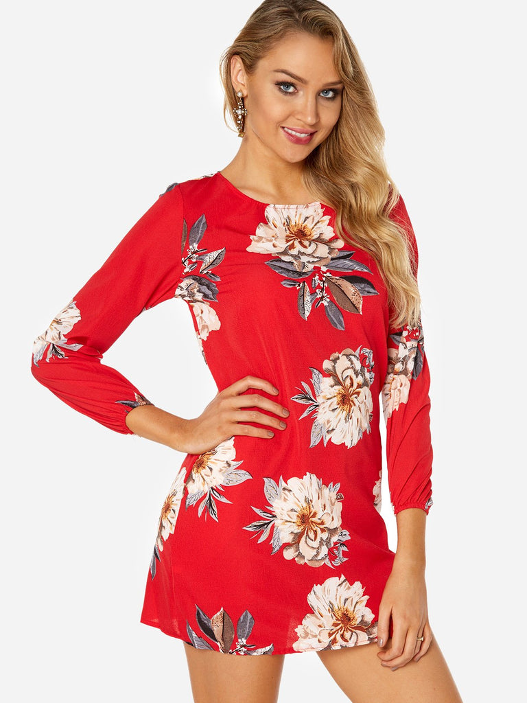 Round Neck Long Sleeve Floral Print Backless Lace-Up Dresses