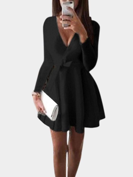 Deep V-Neck Long Sleeve Plain Ruffle Hem Mini Dresses