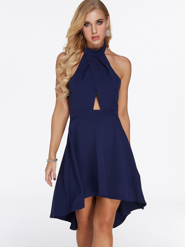 Dark Blue Halter Sleeveless Plain Zip Back Backless Cut Out High-Low Hem Sexy Dress