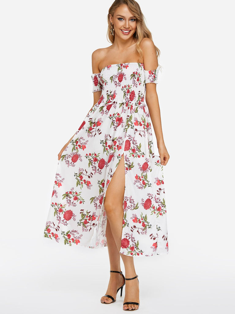 White Off The Shoulder Floral Print Slit Hem Dress