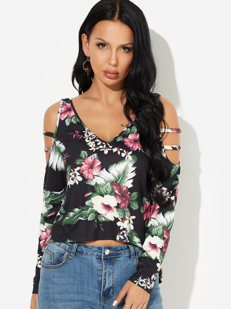 V-Neck Cold Shoulder Floral Print Long Sleeve Top