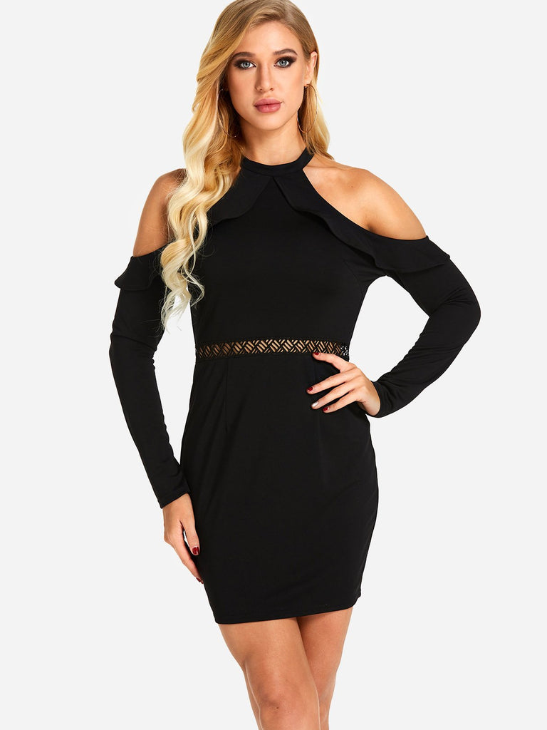 Black Cold Shoulder Long Sleeve Hollow Bodycon Sexy Dress