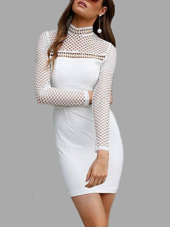 White Long Sleeve Zip Back Hollow Sexy Dresses