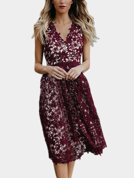 Burgundy Sleeveless Lace Midi Dress